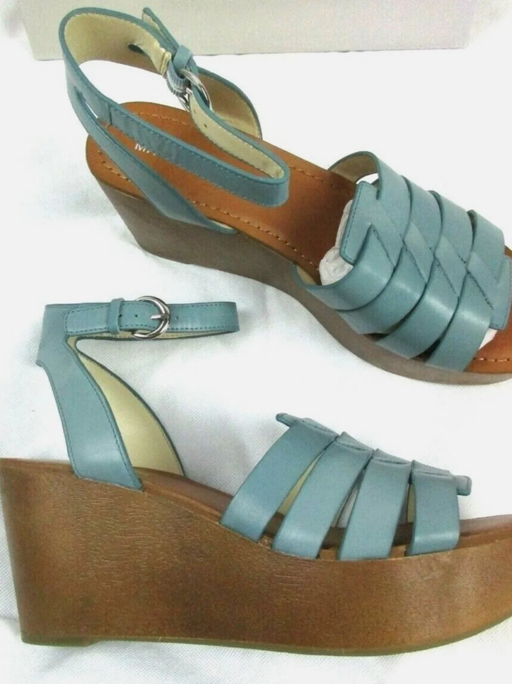 Marc Fisher Woven Leather Wedges with Ankle Strap Pastya Storm Blue